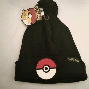 Adult Black Pokeball Pom Beanie Toque with Pokeball Rubber Emblem